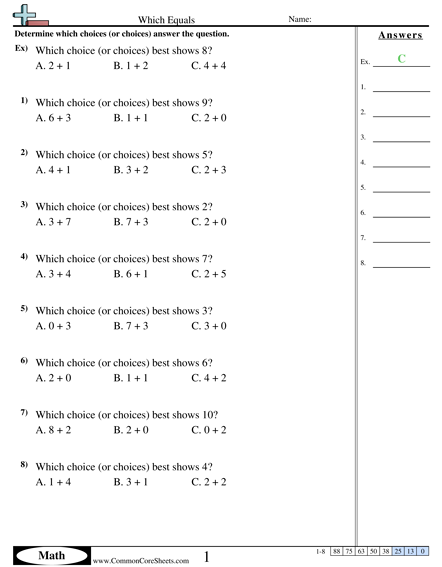 Addition Worksheets - Which Equals  worksheet